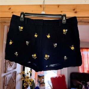LOFT Black Jean Shorts with Yellow & White Floral Embroidery